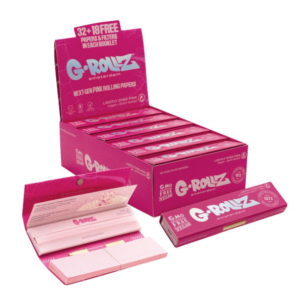 G-Rollz Next-Gen Pink Rolling Papers, Tips & Poker — 24pcs Full Box
