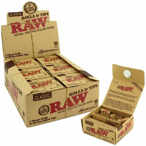 RAW Masterpiece 3m Rolls & 30 Pre-Rolled Tips — 12pcs Full Box