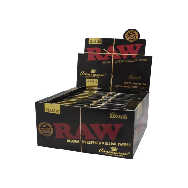 RAW Connoisseur Black Classic Rolling Papers & Tips — 24pcs Full Box