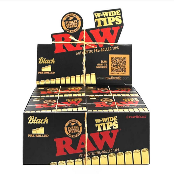 RAW Black W-Wide Pre-Rolled Tips — 20pcs Full Box